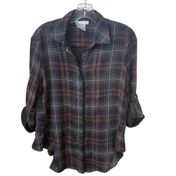 Lagenlook Finley Plaid Shirt M Made in USA Navy Brown Button Down Casual Top - Picture 1 of 8